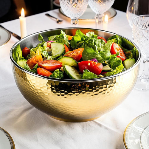 Wact Hammered Gold Insulated Salad Bowl, Double Wall Stainless Steel Serving Bowl