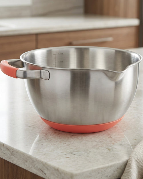 Wact 5 qt Stainless Steel Mixing Bowl with Handle Spout and Coral Base - Lifestyle view